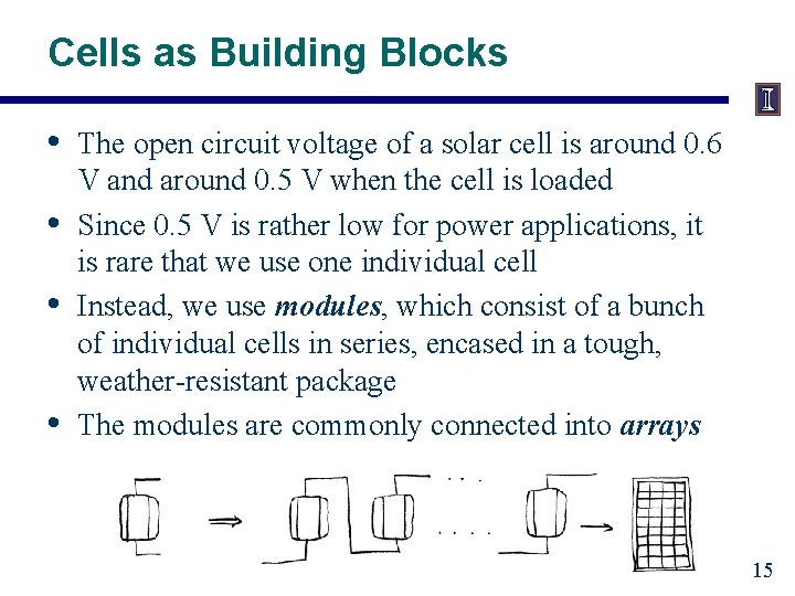 Cells as Building Blocks • • The open circuit voltage of a solar cell