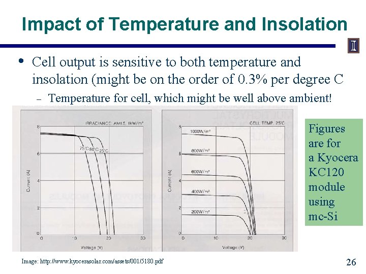 Impact of Temperature and Insolation • Cell output is sensitive to both temperature and