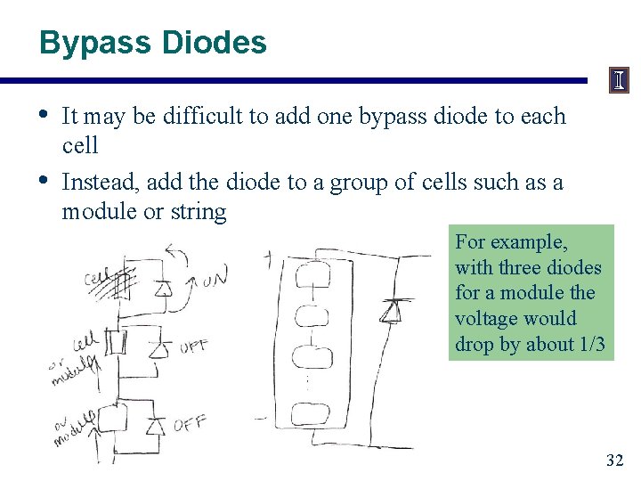 Bypass Diodes • • It may be difficult to add one bypass diode to