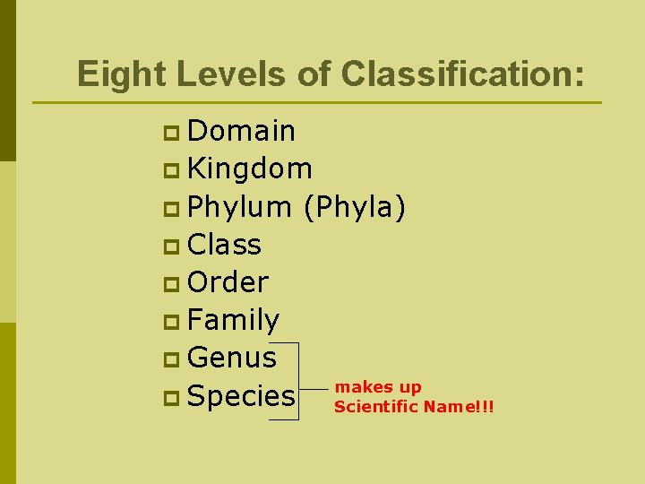 Eight Levels of Classification: p Domain p Kingdom p Phylum (Phyla) p Class p