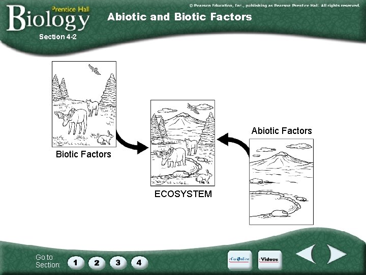 Abiotic and Biotic Factors Section 4 -2 Abiotic Factors Biotic Factors ECOSYSTEM Go to