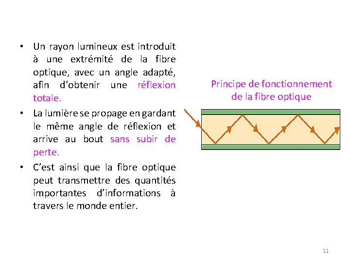  • Un rayon lumineux est introduit à une extrémité de la fibre optique,