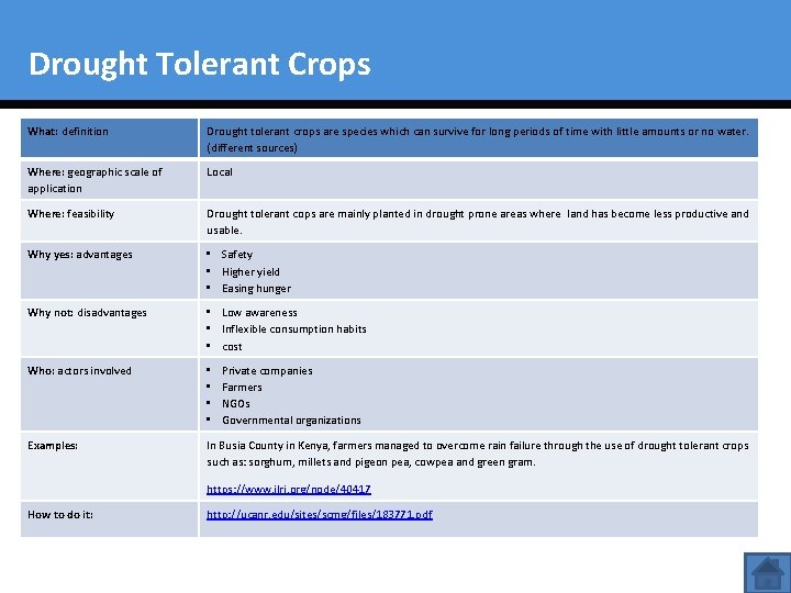 Drought Tolerant Crops What: definition Drought tolerant crops are species which can survive for