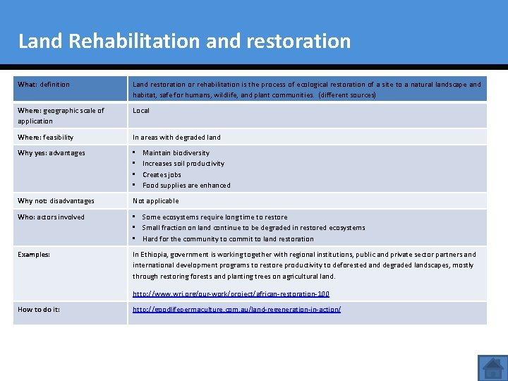 Land Rehabilitation and restoration What: definition Land restoration or rehabilitation is the process of