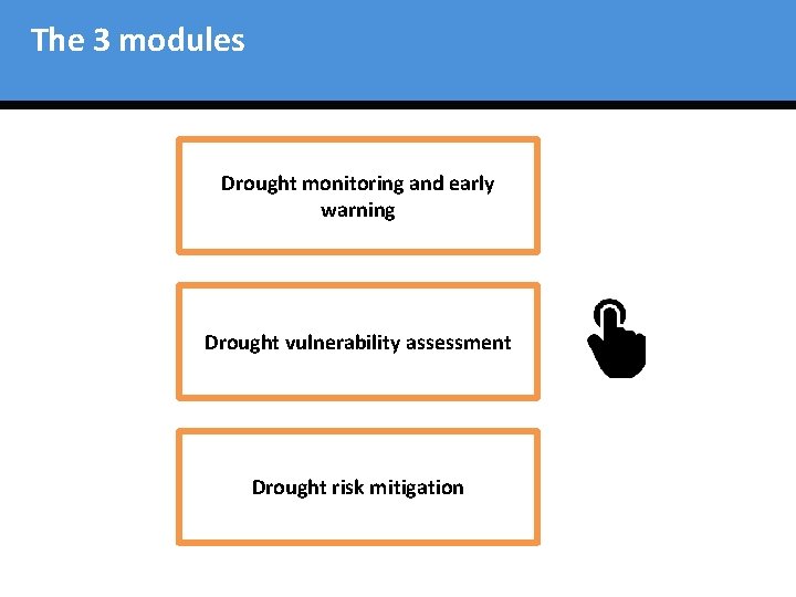 The 3 modules Drought monitoring and early warning Drought vulnerability assessment Drought risk mitigation