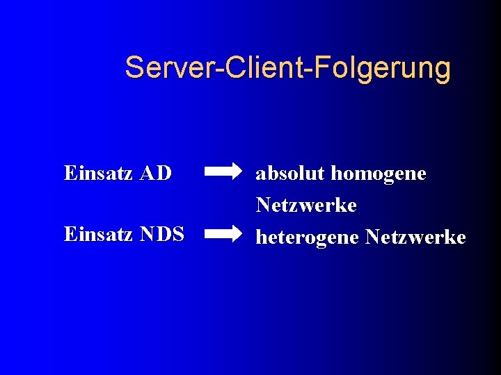 Server-Client-Folgerung Einsatz AD Einsatz NDS absolut homogene Netzwerke heterogene Netzwerke 