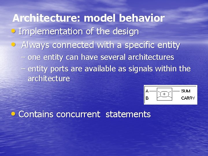 Architecture: model behavior • Implementation of the design • Always connected with a specific