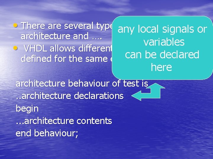 • There are several types of VHDL any local signals or architecture and