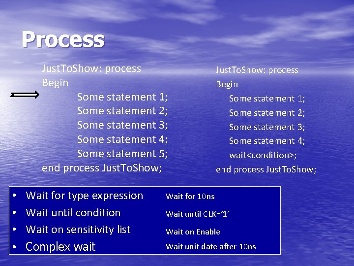 Process Just. To. Show: process Begin Some statement 1; Some statement 2; Some statement