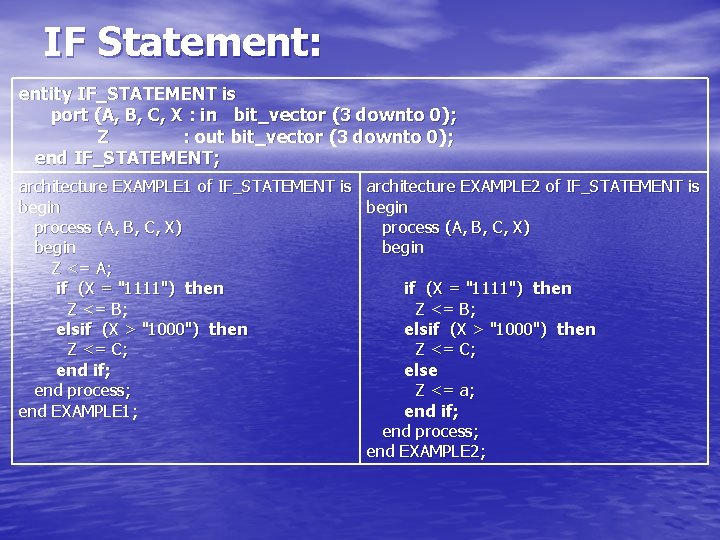 IF Statement: entity IF_STATEMENT is port (A, B, C, X : in bit_vector (3