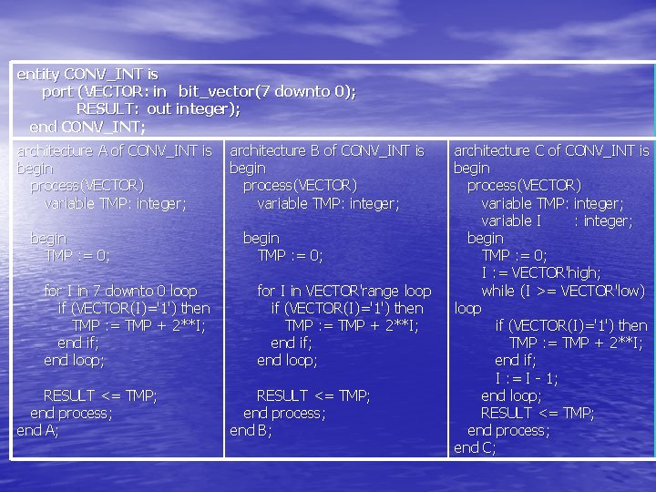 entity CONV_INT is port (VECTOR: in bit_vector(7 downto 0); RESULT: out integer); end CONV_INT;