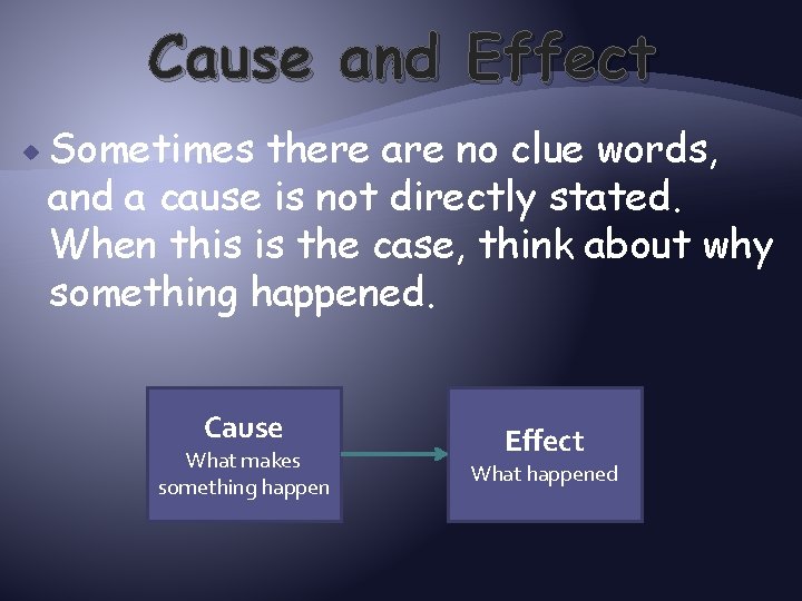 Cause and Effect Sometimes there are no clue words, and a cause is not