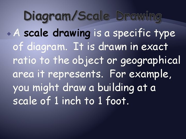Diagram/Scale Drawing A scale drawing is a specific type of diagram. It is drawn