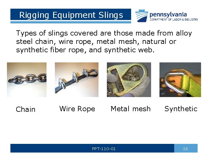 Rigging Equipment Slings Types of slings covered are those made from alloy steel chain,