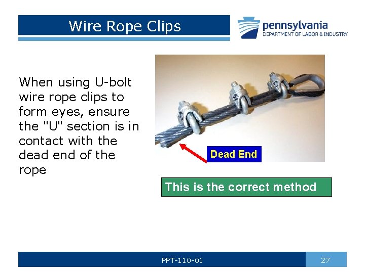 Wire Rope Clips When using U-bolt wire rope clips to form eyes, ensure the