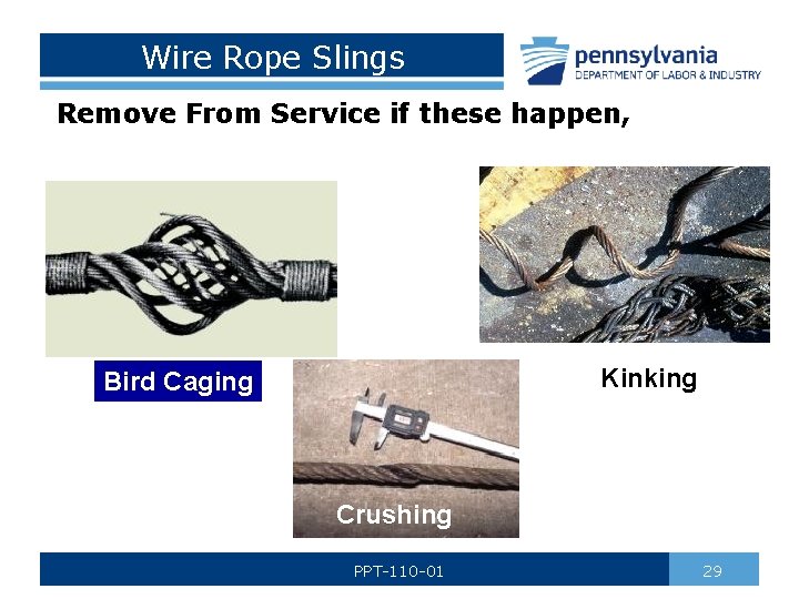 Wire Rope Slings Remove From Service if these happen, Kinking Bird Caging Crushing PPT-110