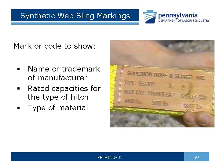 Synthetic Web Sling Markings Mark or code to show: § § § Name or