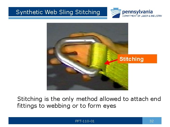 Synthetic Web Sling Stitching is the only method allowed to attach end fittings to