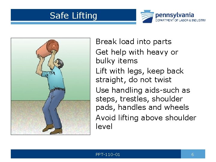 Safe Lifting Break load into parts Get help with heavy or bulky items Lift