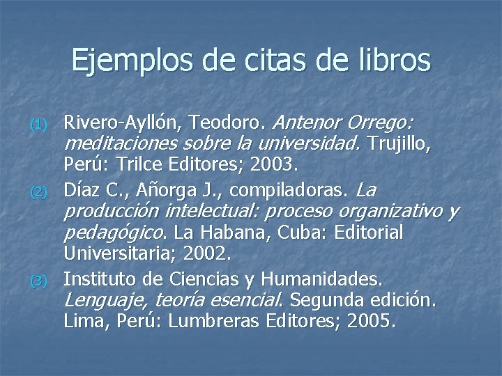 Ejemplos de citas de libros (1) (2) (3) Rivero-Ayllón, Teodoro. Antenor Orrego: meditaciones sobre