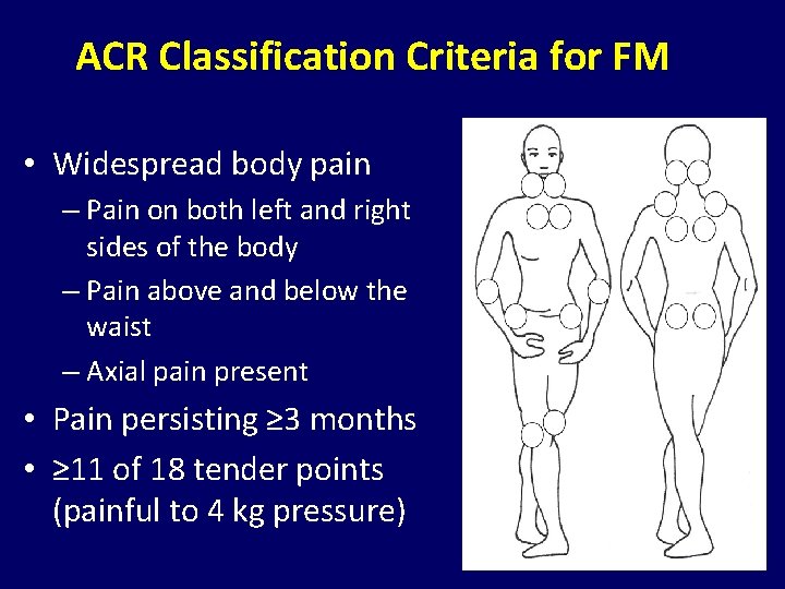 ACR Classification Criteria for FM • Widespread body pain – Pain on both left