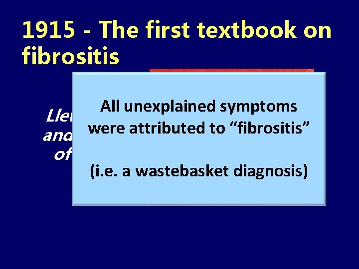 1915 - The first textbook on fibrositis All unexplained symptoms Llewellyn were attributed to