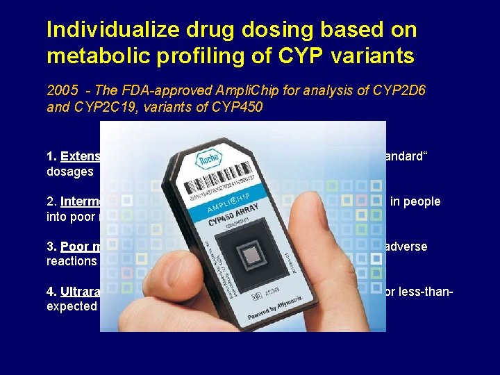 Individualize drug dosing based on metabolic profiling of CYP variants 2005 - The FDA-approved