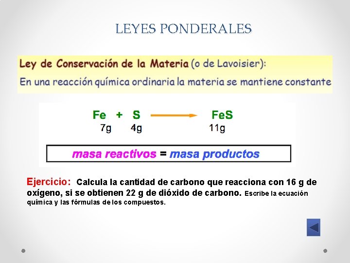 LEYES PONDERALES Ejercicio: Calcula la cantidad de carbono que reacciona con 16 g de