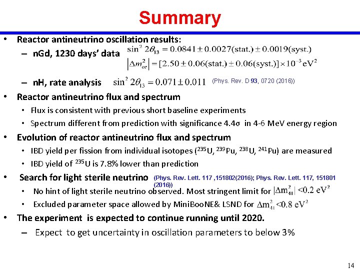 Summary • Reactor antineutrino oscillation results: – n. Gd, 1230 days’ data – n.
