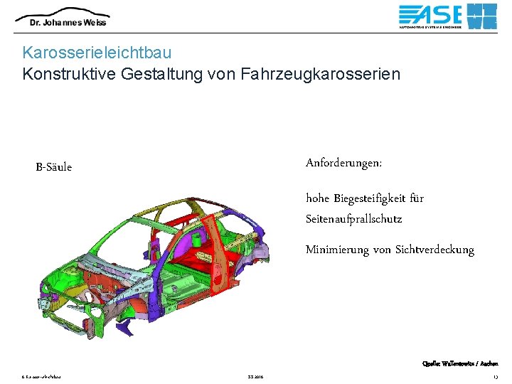 Karosserieleichtbau Konstruktive Gestaltung von Fahrzeugkarosserien Anforderungen: B-Säule hohe Biegesteifigkeit für Seitenaufprallschutz Minimierung von Sichtverdeckung