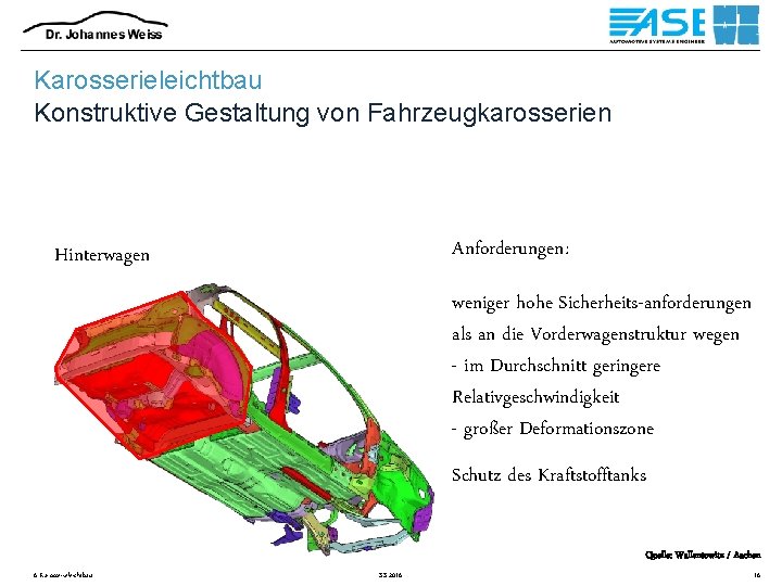Karosserieleichtbau Konstruktive Gestaltung von Fahrzeugkarosserien Anforderungen: Hinterwagen weniger hohe Sicherheits-anforderungen als an die Vorderwagenstruktur