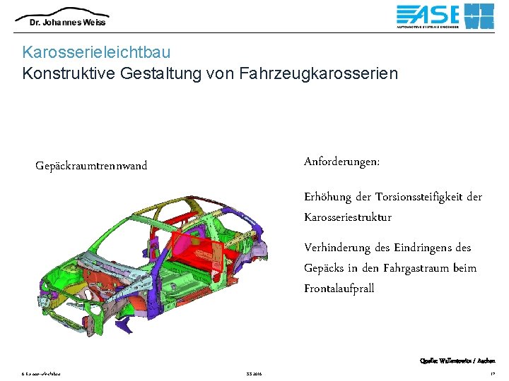 Karosserieleichtbau Konstruktive Gestaltung von Fahrzeugkarosserien Anforderungen: Gepäckraumtrennwand Erhöhung der Torsionssteifigkeit der Karosseriestruktur Verhinderung des