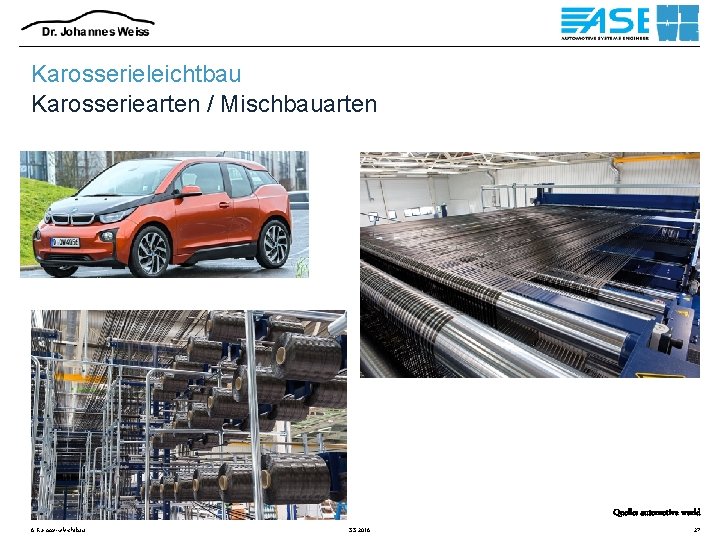 Karosserieleichtbau Karosseriearten / Mischbauarten Quelle: automotive world 6 Karosserieleichtbau SS 2016 27 