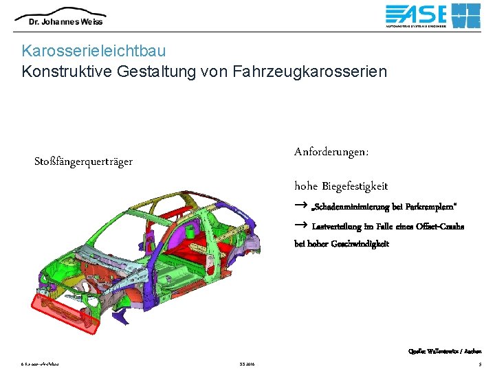 Karosserieleichtbau Konstruktive Gestaltung von Fahrzeugkarosserien Anforderungen: Stoßfängerquerträger hohe Biegefestigkeit → „Schadenminimierung bei Parkremplern“ →