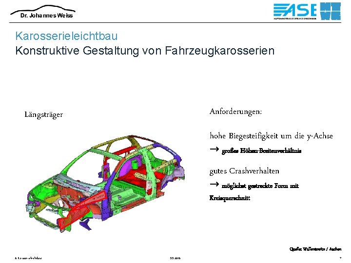 Karosserieleichtbau Konstruktive Gestaltung von Fahrzeugkarosserien Anforderungen: Längsträger hohe Biegesteifigkeit um die y-Achse → großes