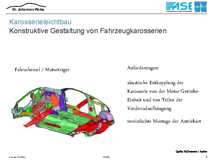 Karosserieleichtbau Konstruktive Gestaltung von Fahrzeugkarosserien Anforderungen: Fahrschemel / Motorträger akustische Entkopplung der Karosserie von