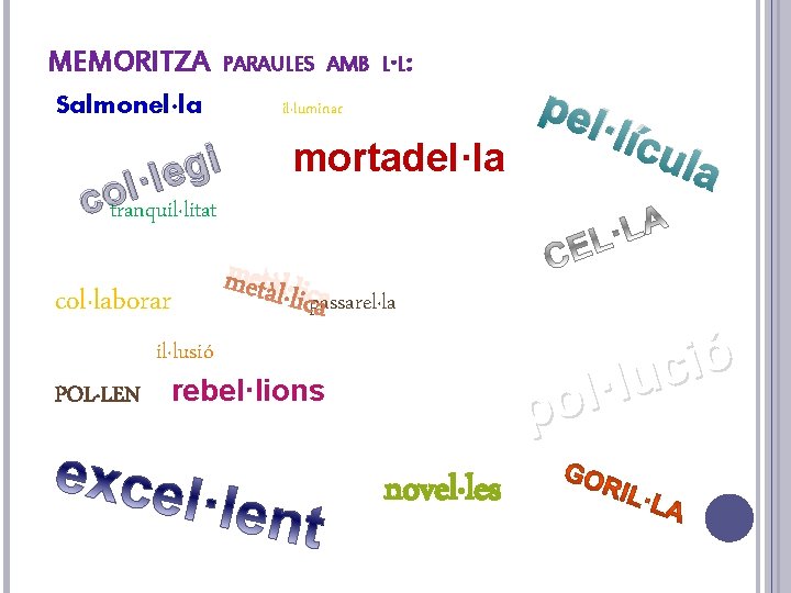 MEMORITZA PARAULES AMB L·L: Salmonel·la il·luminar i g e l · l cotranquil·litat col·laborar