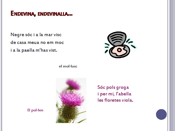 ENDEVINA, ENDEVINALLA. . . Negre sóc i a la mar visc de casa meua