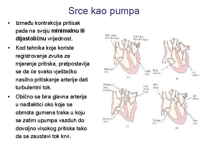 Srce kao pumpa • Između kontrakcija pritisak pada na svoju minimalnu ili dijastoličnu vrijednost.