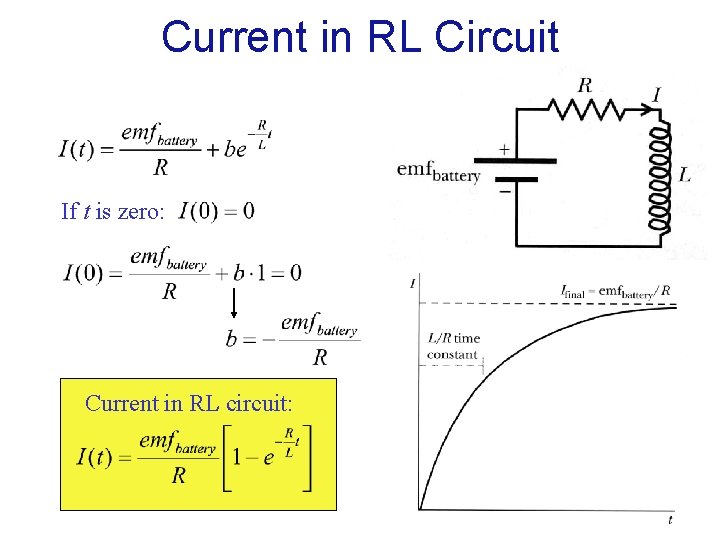Current in RL Circuit If t is zero: Current in RL circuit: 