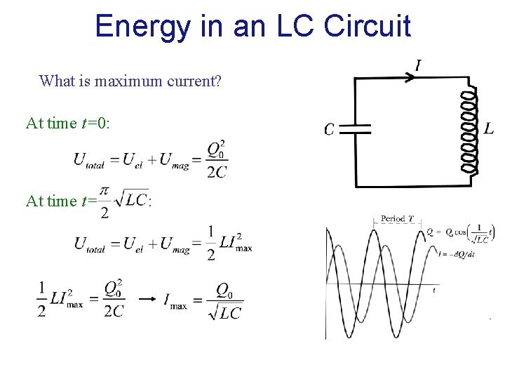 Energy in an LC Circuit What is maximum current? At time t=0: At time