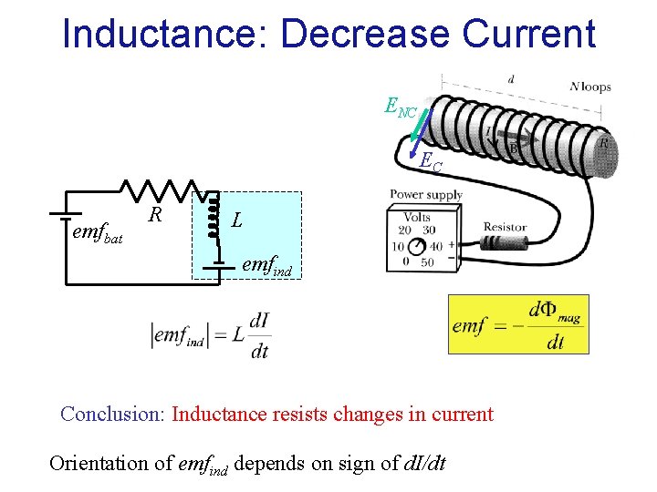 Inductance: Decrease Current ENC EC emfbat R L emfind Conclusion: Inductance resists changes in