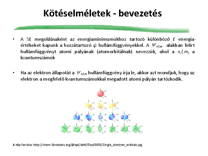 Kötéselméletek - bevezetés • A SE megoldásaként az energiaminimumokhoz tartozó különböző E energiaértékeket kapunk