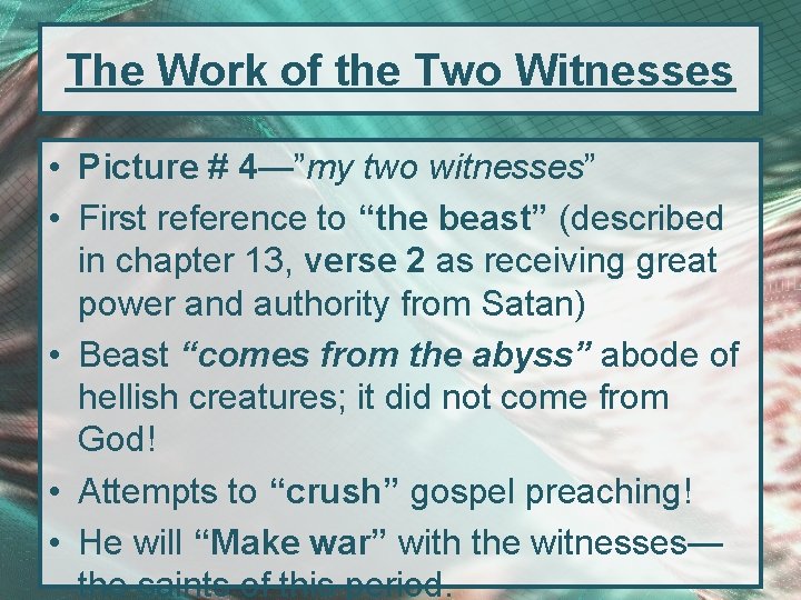 The Work of the Two Witnesses • Picture # 4—”my two witnesses” • First