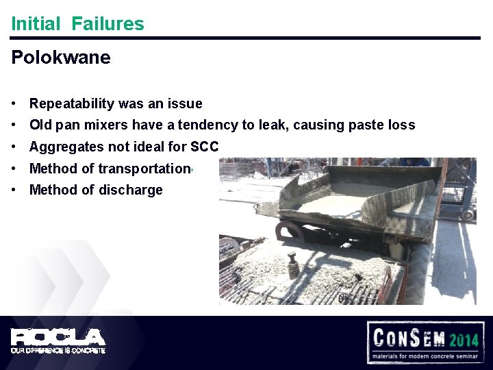 Initial Failures Polokwane • Repeatability was an issue • Old pan mixers have a