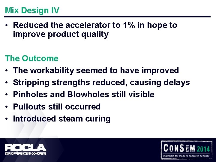 Mix Design IV • Reduced the accelerator to 1% in hope to improve product