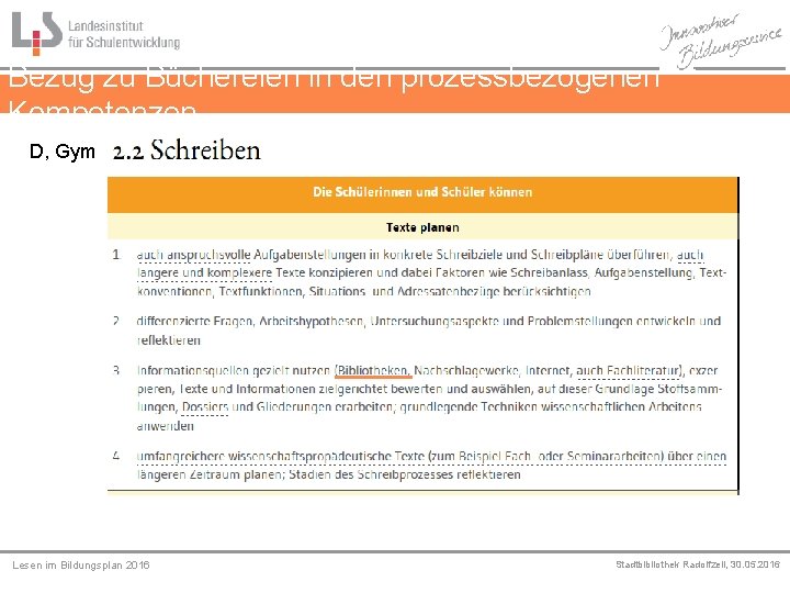 Bezug zu Büchereien in den prozessbezogenen Kompetenzen D, Gym Medien Lesen im Bildungsplan 2016