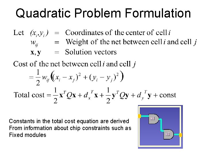 Quadratic Problem Formulation Constants in the total cost equation are derived From information about