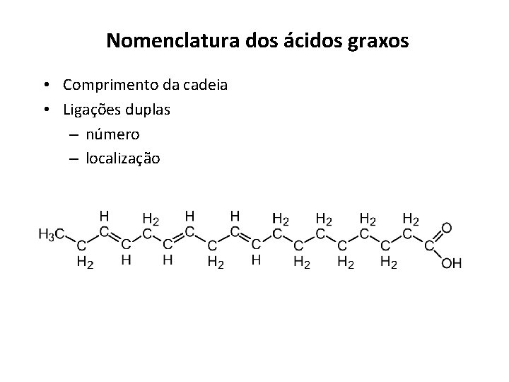 Nomenclatura dos ácidos graxos • Comprimento da cadeia • Ligações duplas – número –