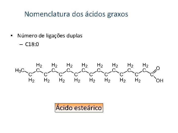 Nomenclatura dos ácidos graxos • Número de ligações duplas – C 18: 0 Ácido